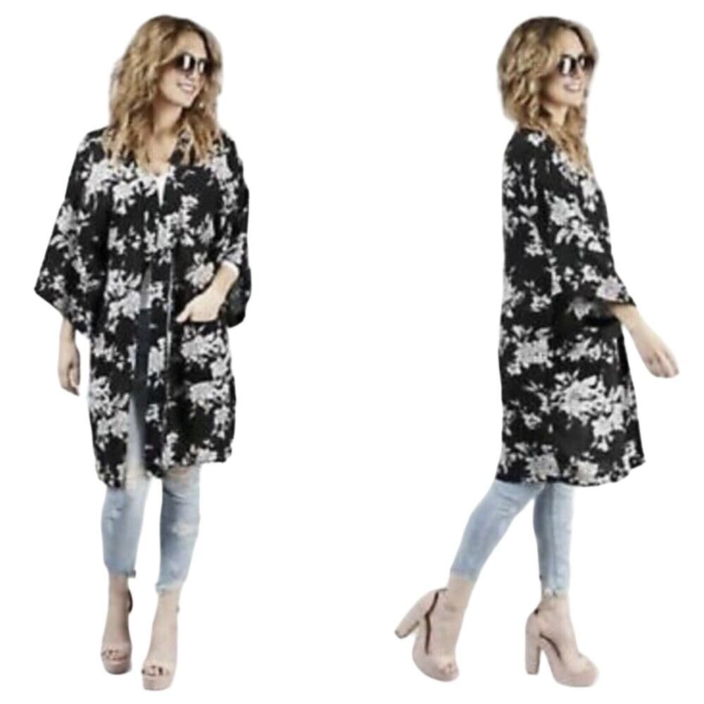 Spiritual Gangster Maya Kimono Duster Cover Up Black Floral One Size